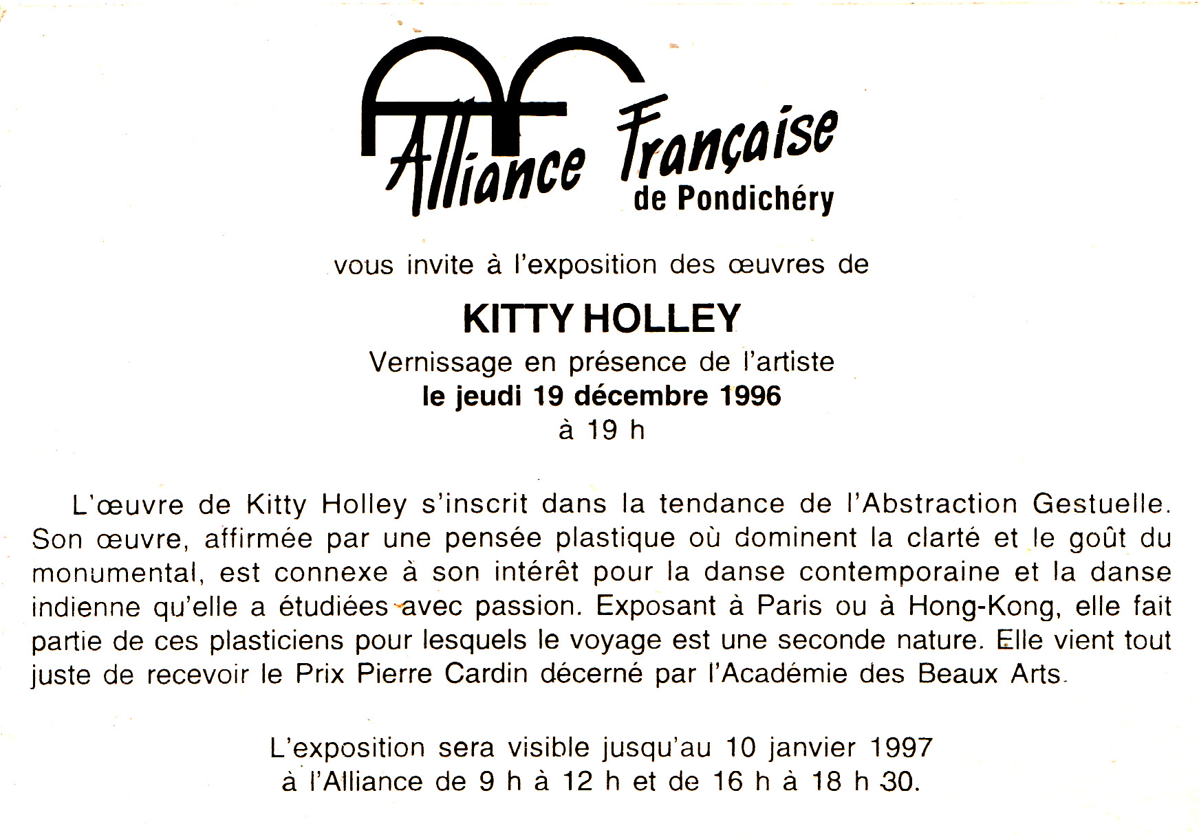 Carton officiel d'invitation Alliance Française de Pondichéry 1996