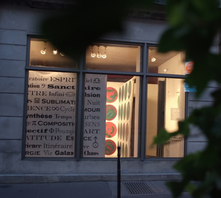 Vue de vitrine avec bâches textuelles et panneaux Galerie Marie Robin, Paris, 2011